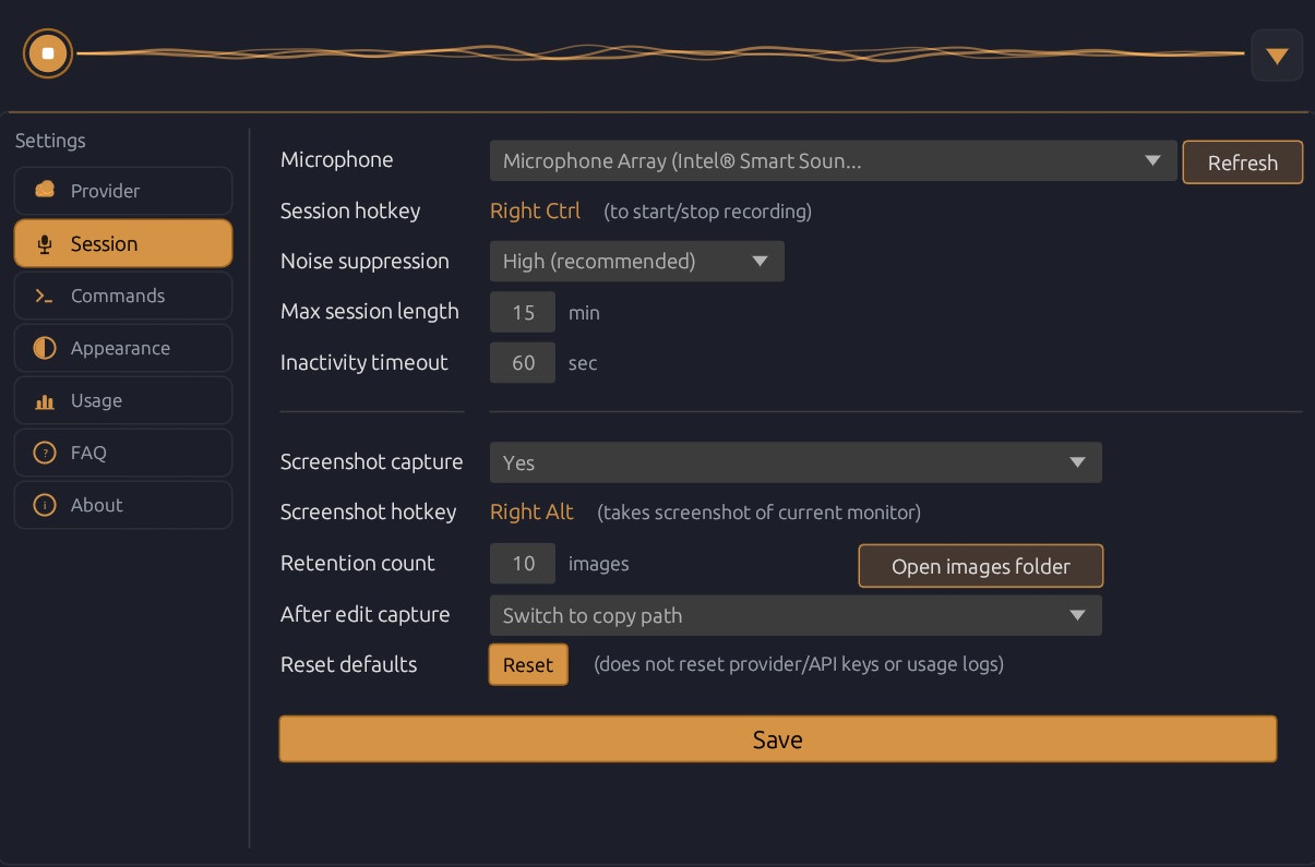 Session settings with microphone, hotkey, noise suppression, and screenshot options