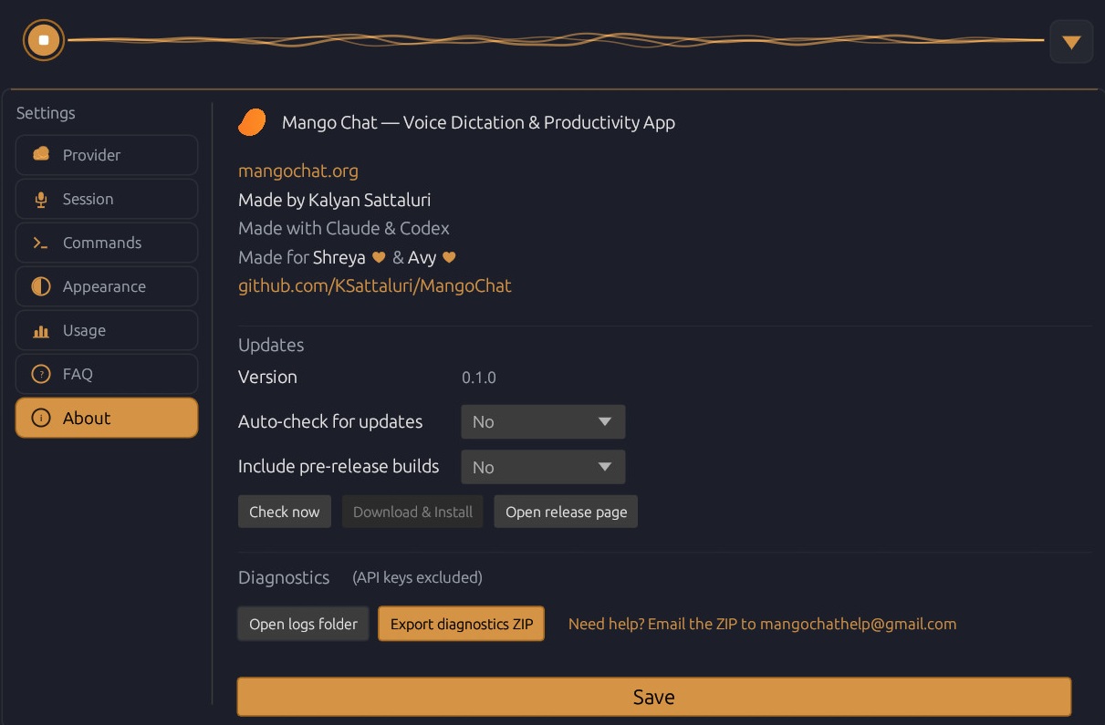 About page with version info, updates, and diagnostics