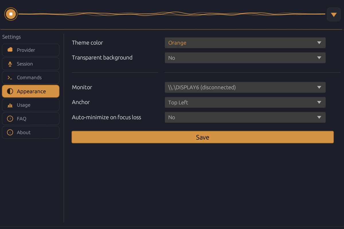 Appearance settings with theme color, transparency, and monitor options