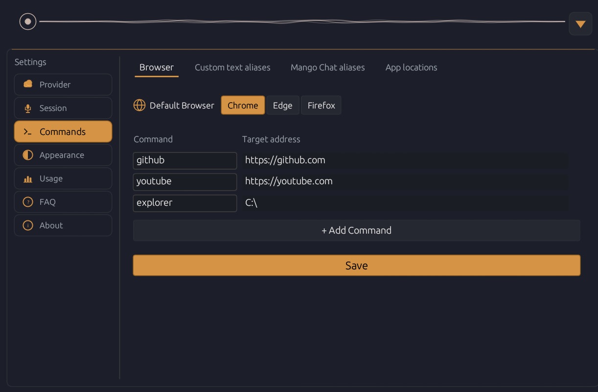 Browser commands tab showing voice-activated URL shortcuts