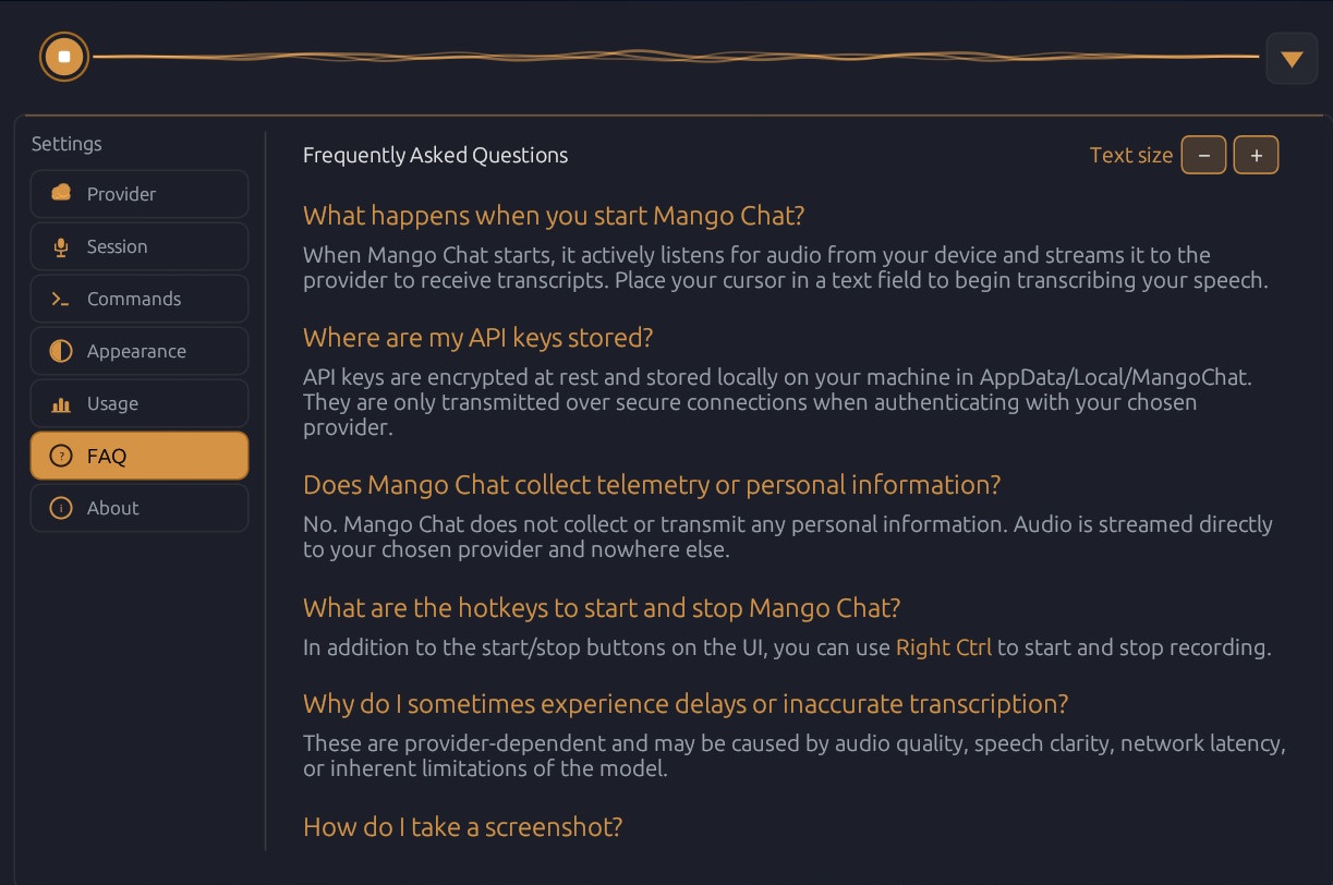 Built-in FAQ with common questions and answers