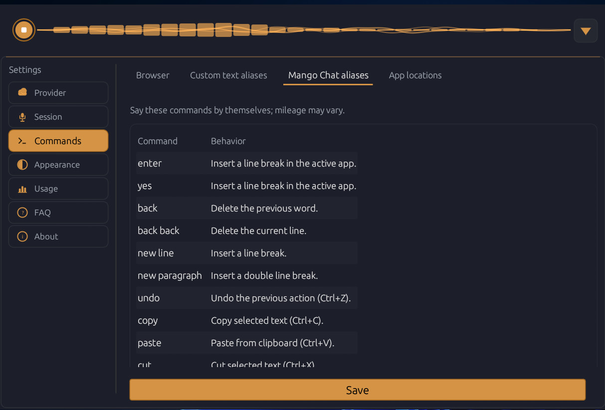 Built-in Mango Chat voice commands reference